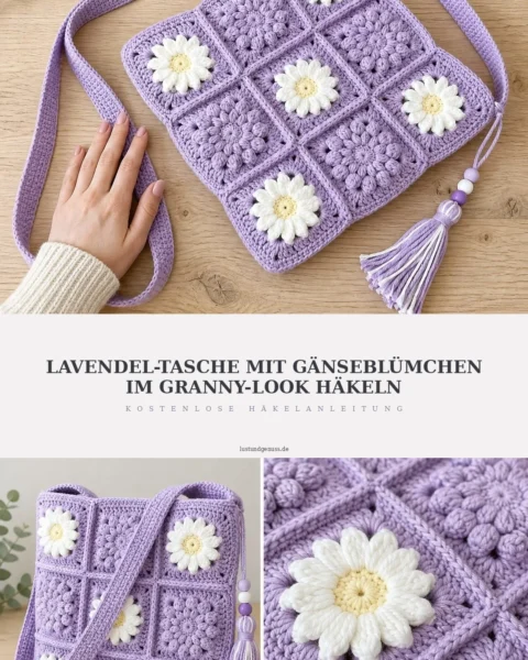 Lavendel-Tasche mit Gänseblümchen im Granny-Look häkeln