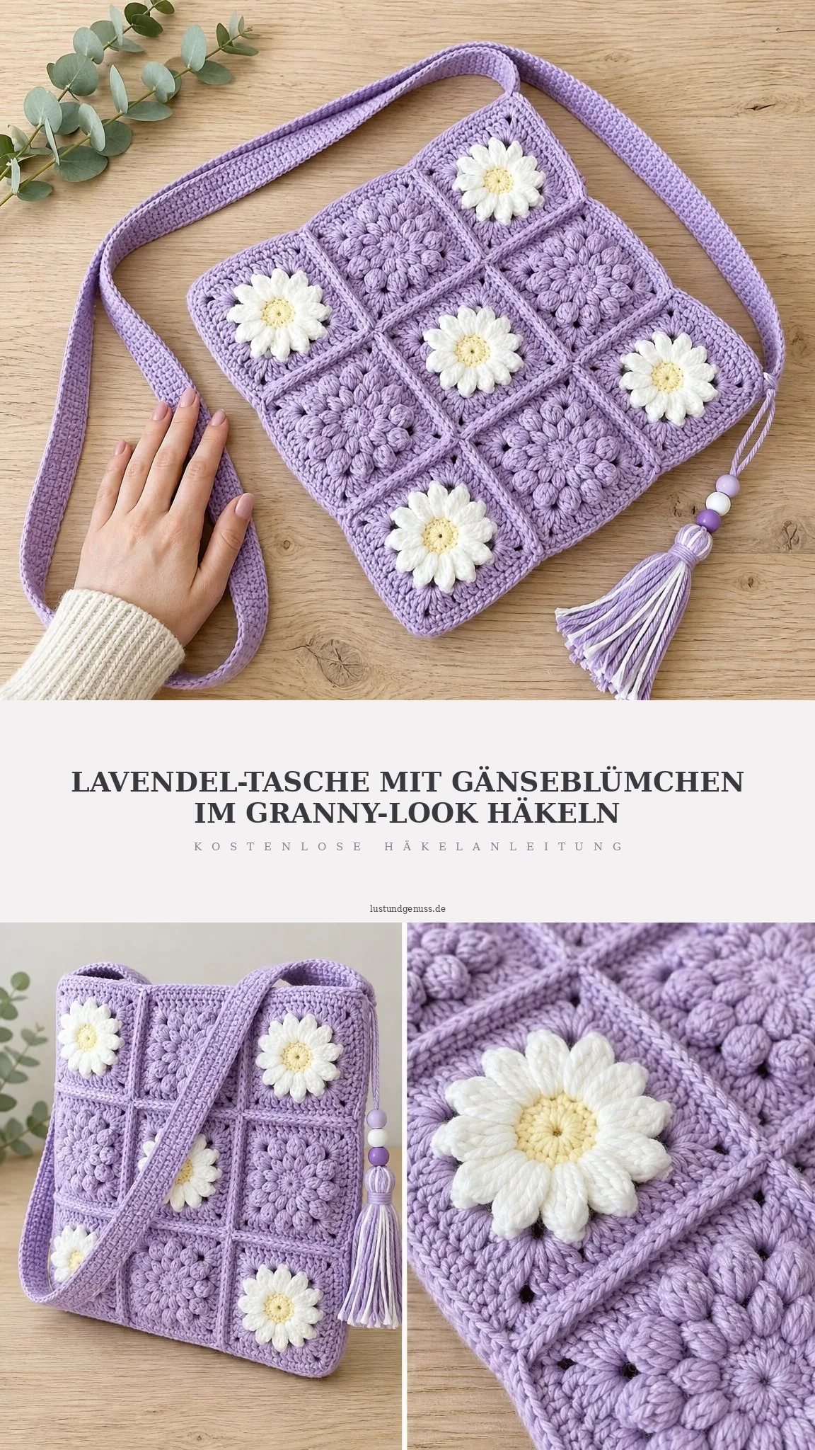 Lavendel-Tasche mit Gänseblümchen im Granny-Look häkeln