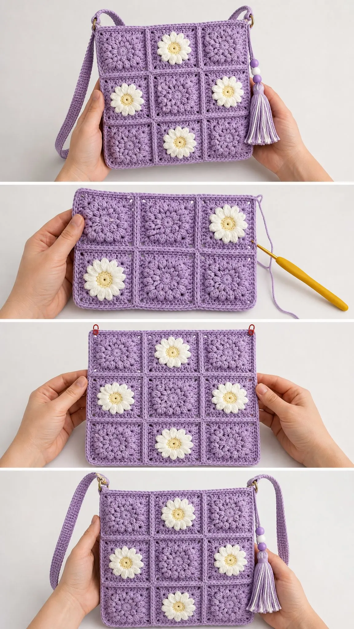 Lavendel-Tasche mit Gänseblümchen im Granny-Look häkeln