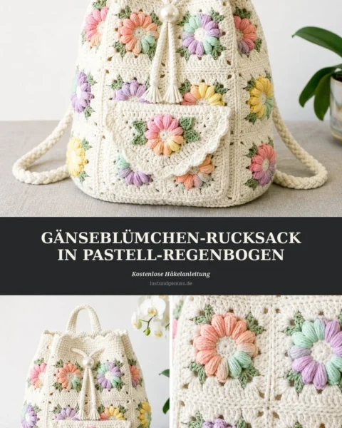 Pastell-Regenbogen-Gänseblümchen-Rucksack häkeln
