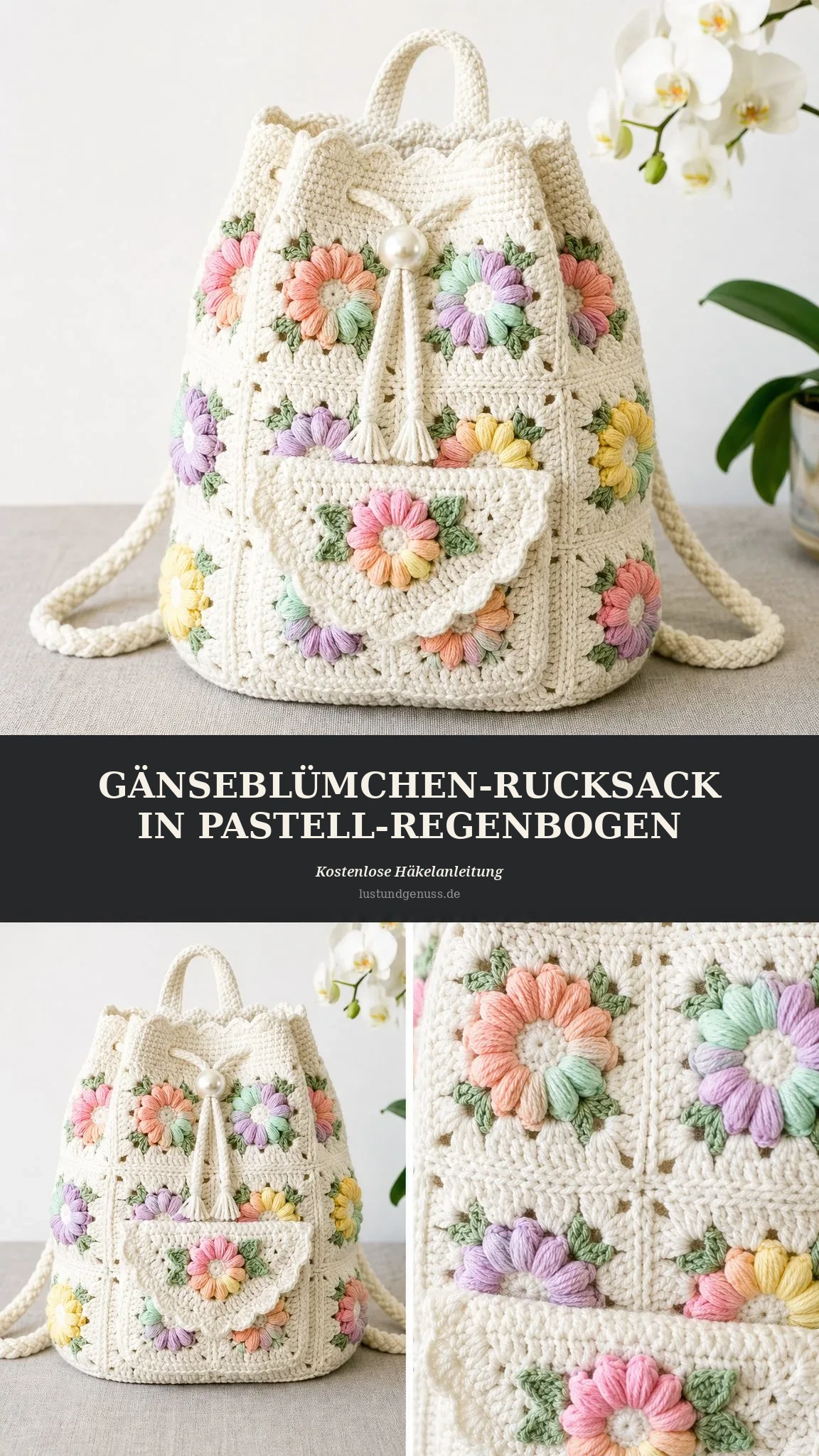 Pastell-Regenbogen-Gänseblümchen-Rucksack häkeln