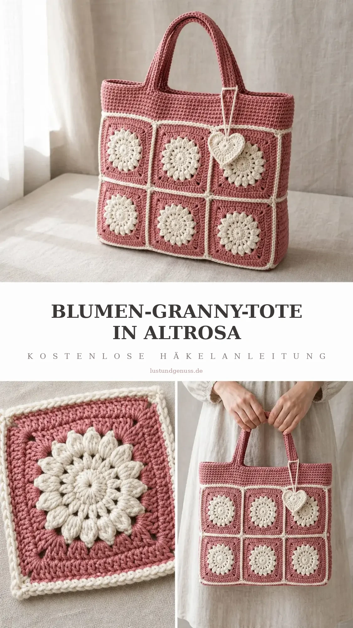 Altrosa-Blumen-Granny-Tote häkeln