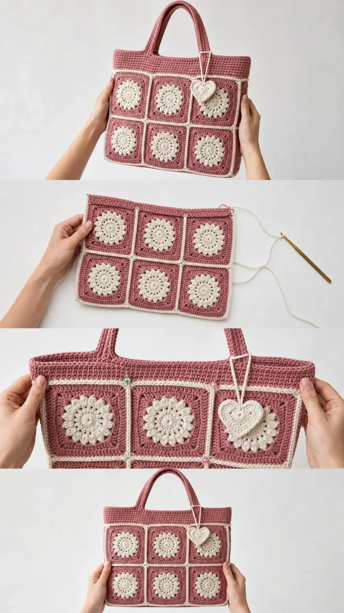 Altrosa-Blumen-Granny-Tote häkeln