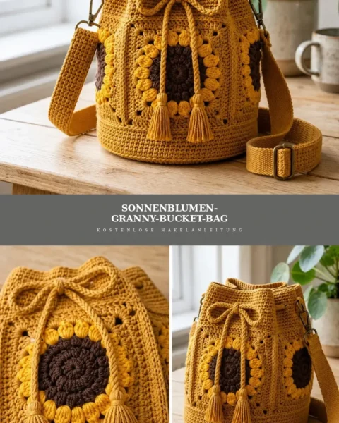 Sonnenblumen-Granny-Bucket-Bag häkeln