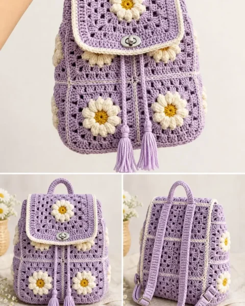 Rucksack aus Granny Squares mit Gänseblümchen in Lavendel häkeln