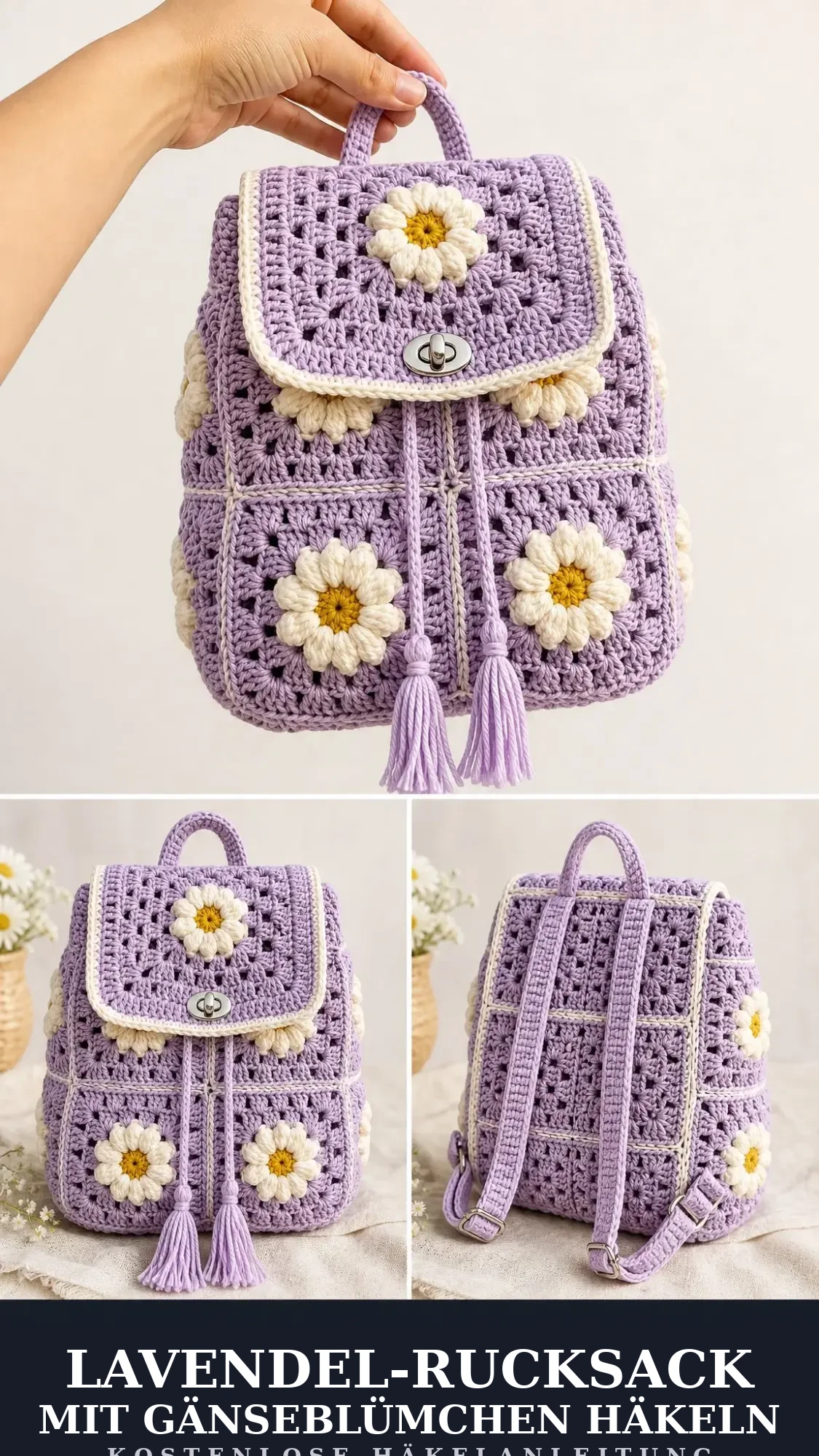 Rucksack aus Granny Squares mit Gänseblümchen in Lavendel häkeln