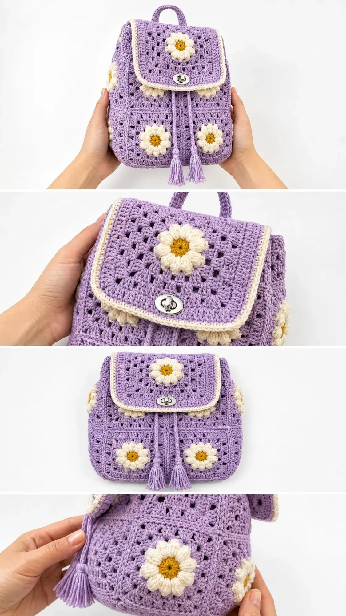 Rucksack aus Granny Squares mit Gänseblümchen in Lavendel häkeln