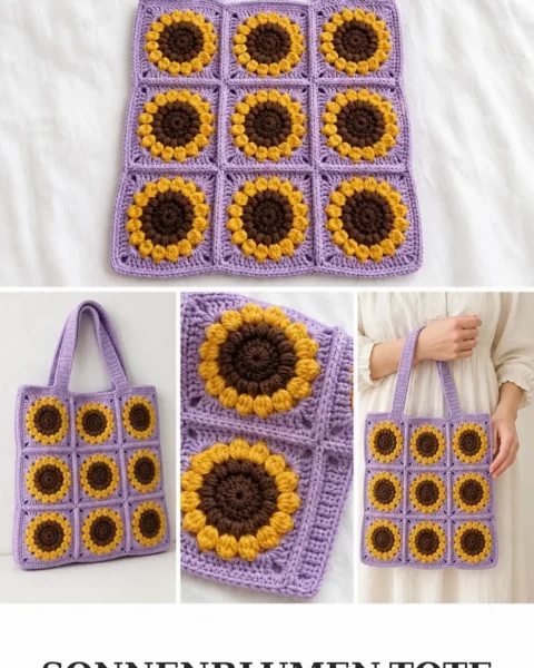 Lavendel-Sonnenblumen-Granny-Tote häkeln