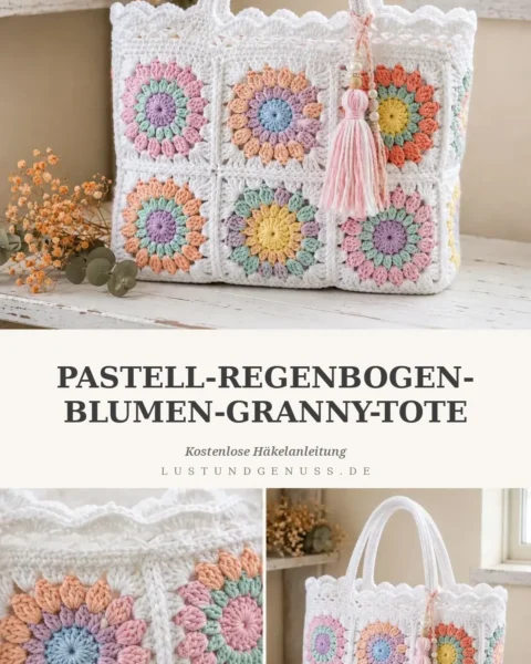 Pastell-Regenbogen-Blumen-Granny-Tote häkeln