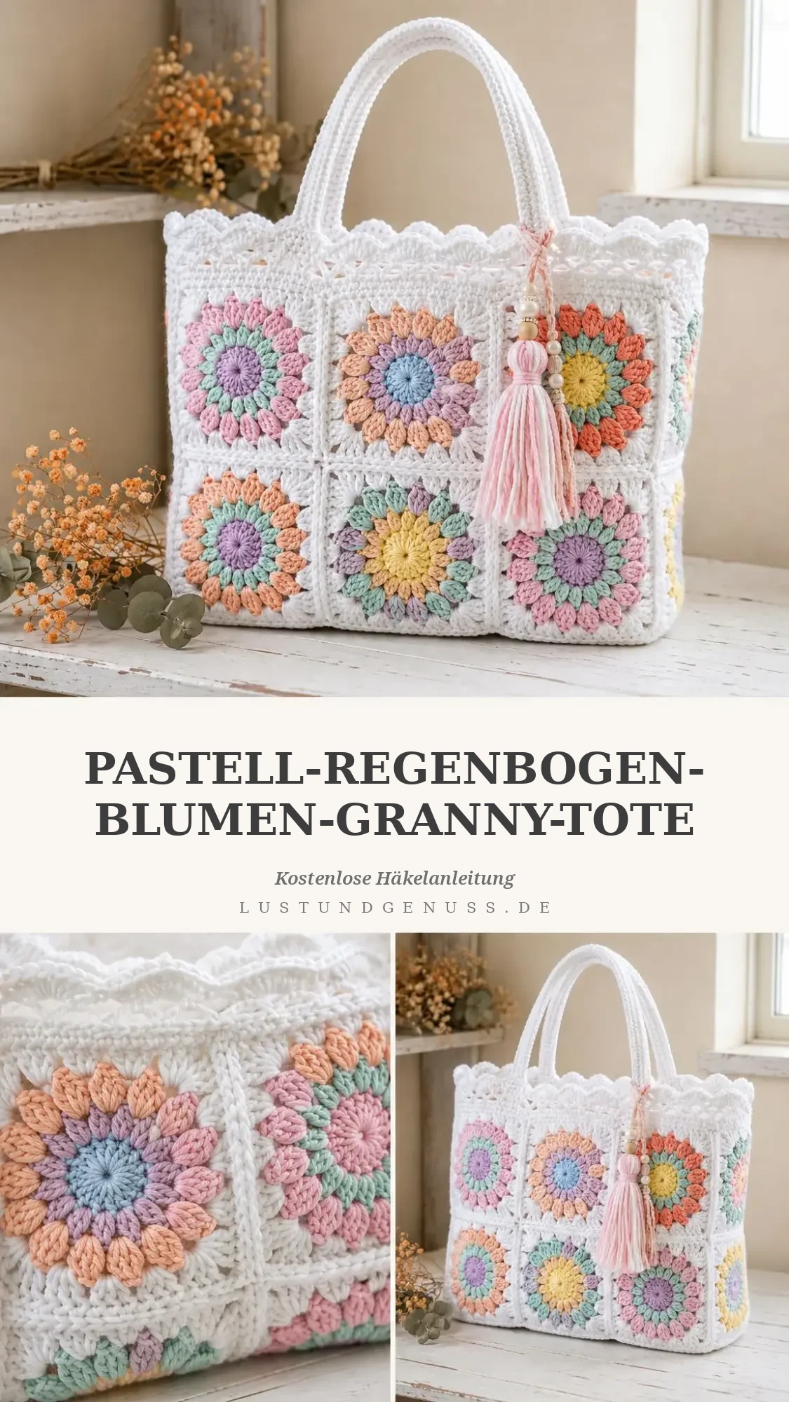 Pastell-Regenbogen-Blumen-Granny-Tote häkeln