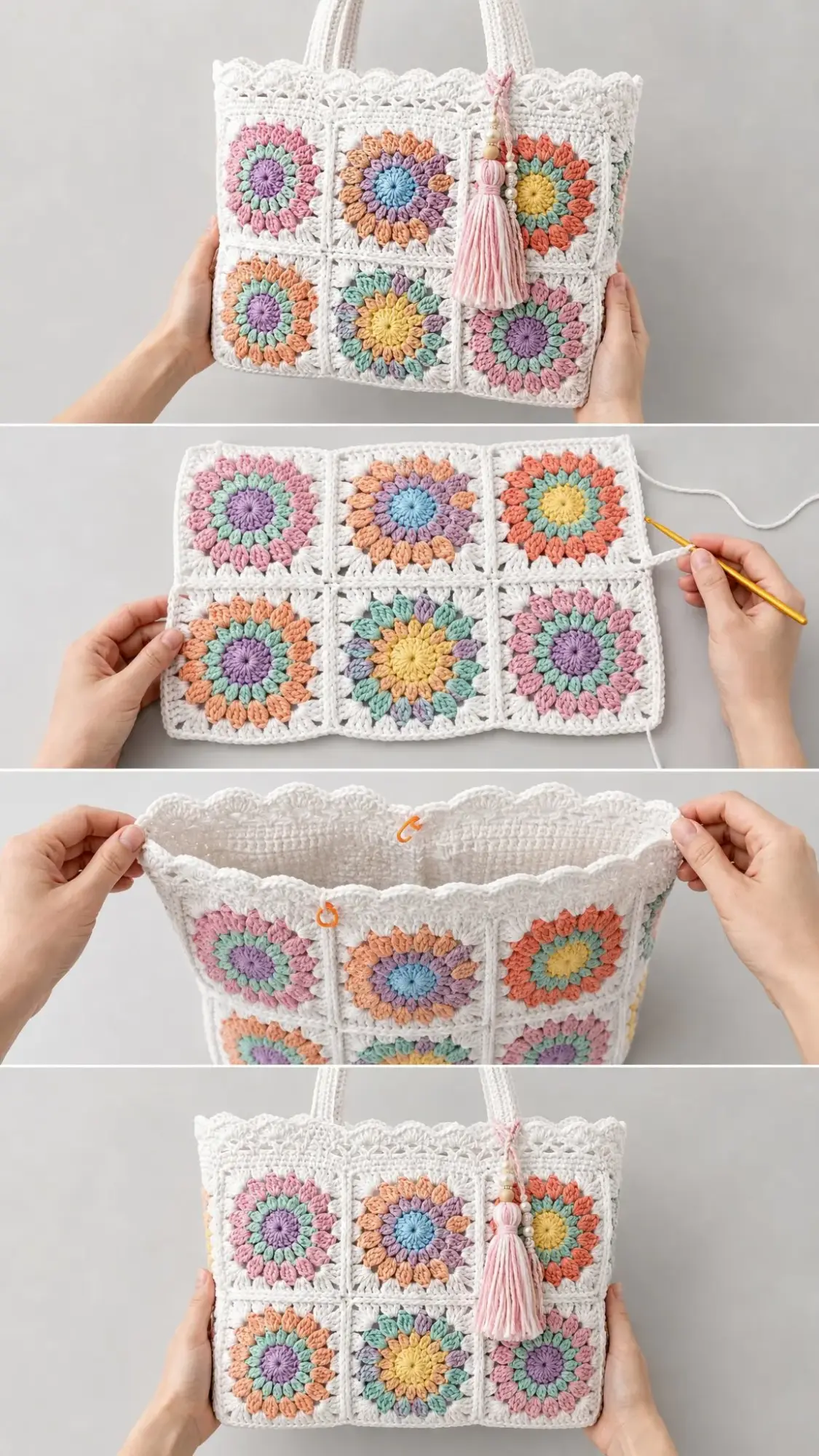 Pastell-Regenbogen-Blumen-Granny-Tote häkeln