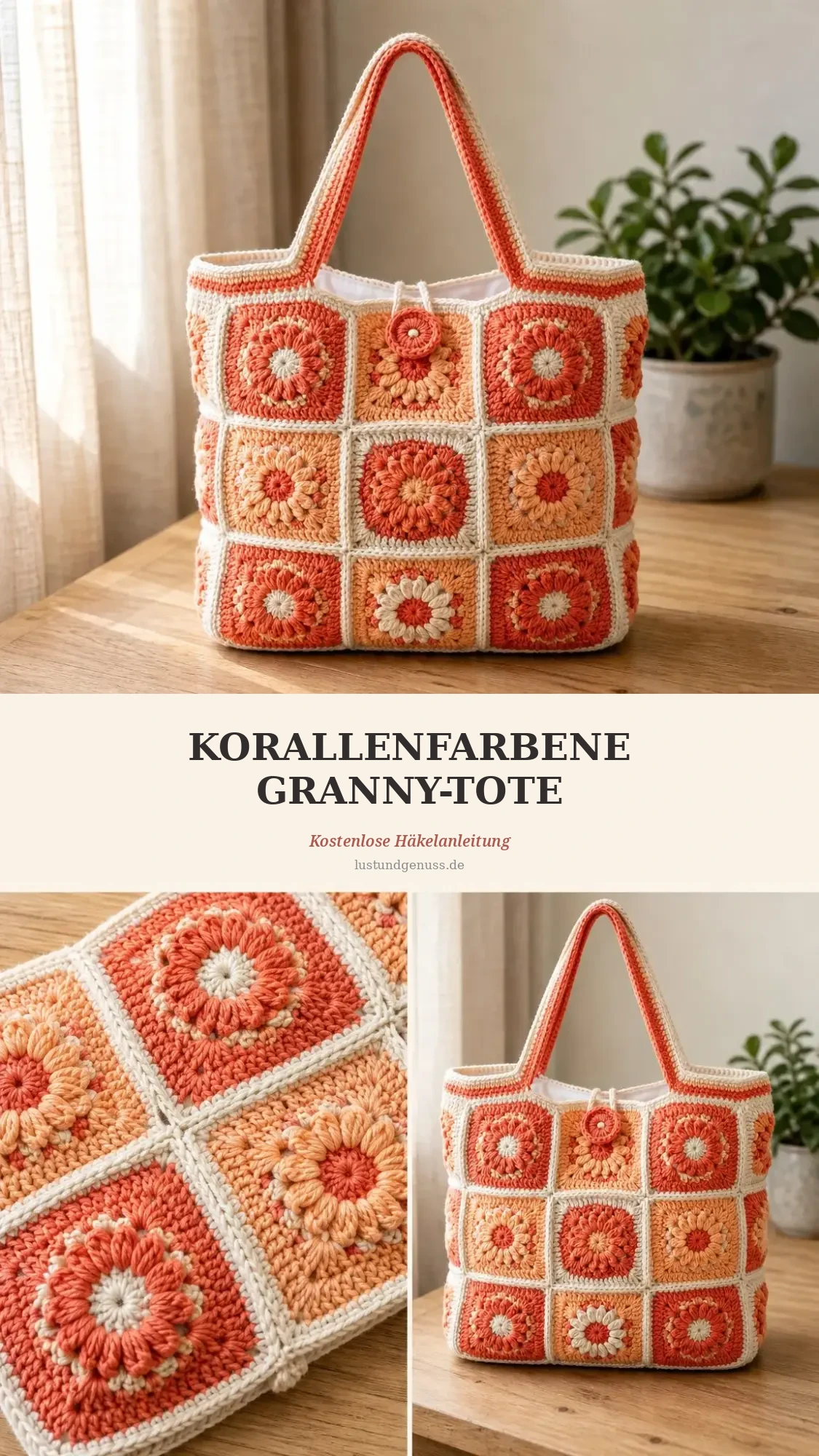Korallen-Sonnenuntergang-Granny-Tote häkeln