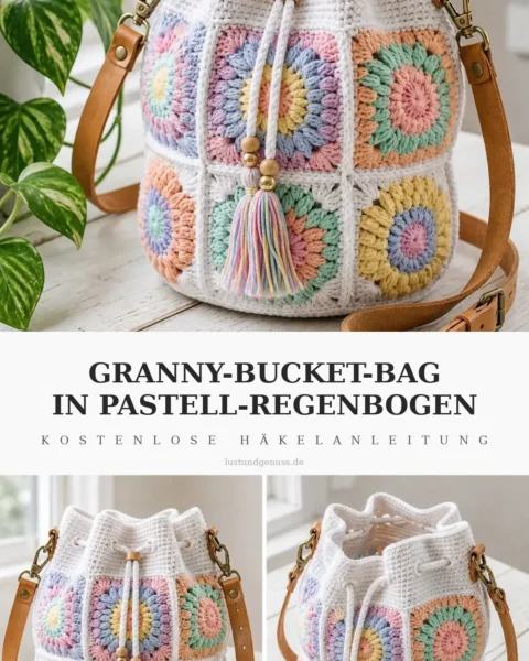 Bucket Bag aus Granny-Squares in Pastell-Regenbogen häkeln