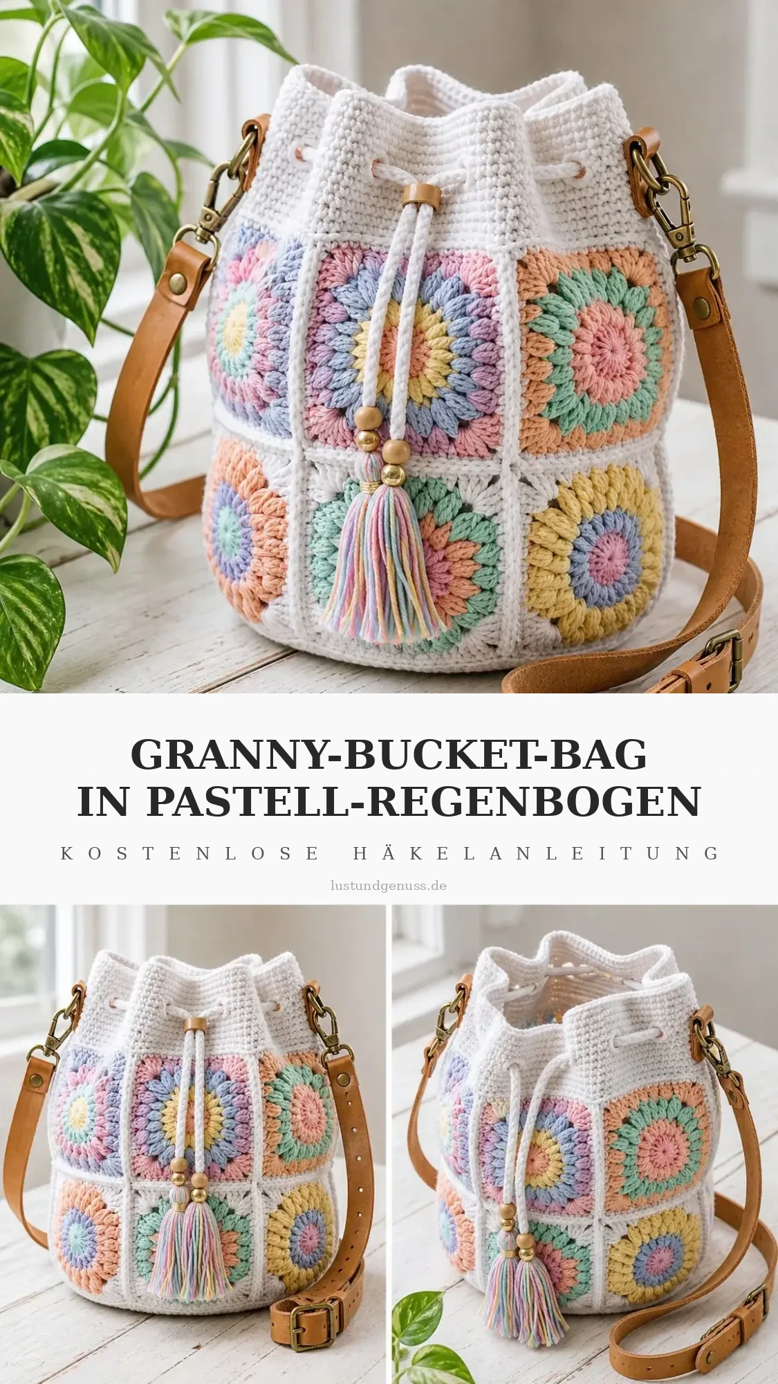 Bucket Bag aus Granny-Squares in Pastell-Regenbogen häkeln