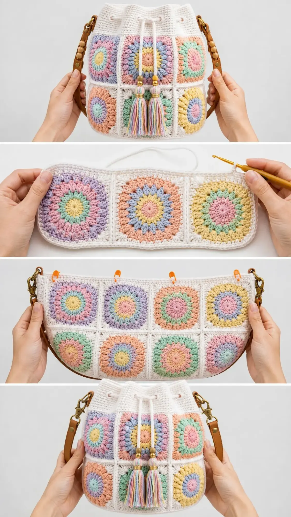 Bucket Bag aus Granny-Squares in Pastell-Regenbogen häkeln