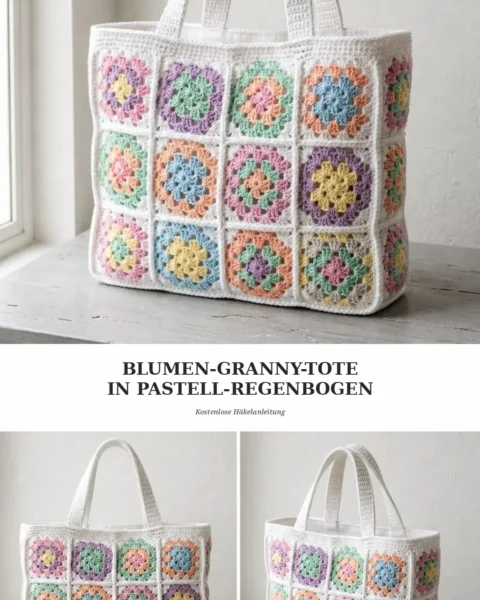 Tote aus Blumen-Grannys in Pastell-Regenbogen häkeln