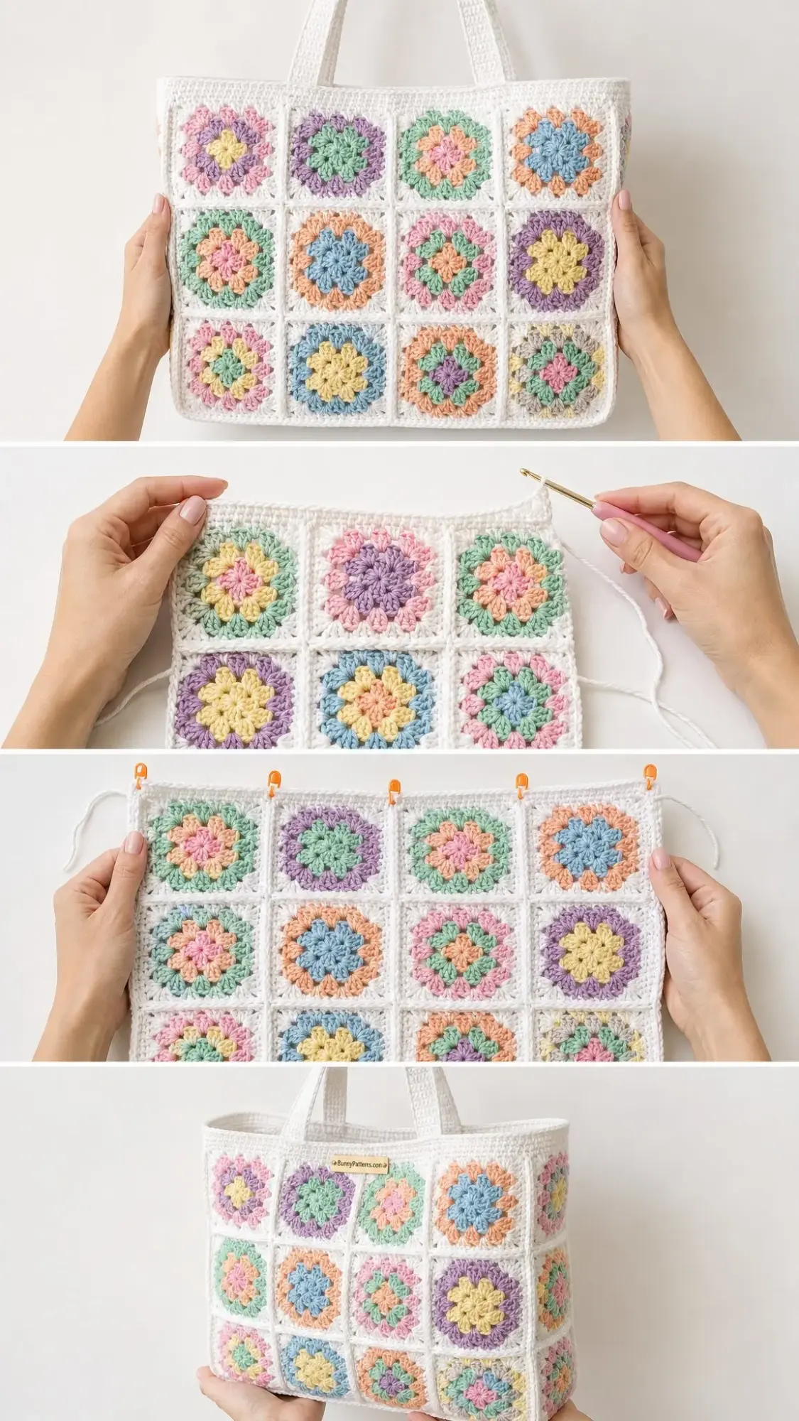 Tote aus Blumen-Grannys in Pastell-Regenbogen häkeln