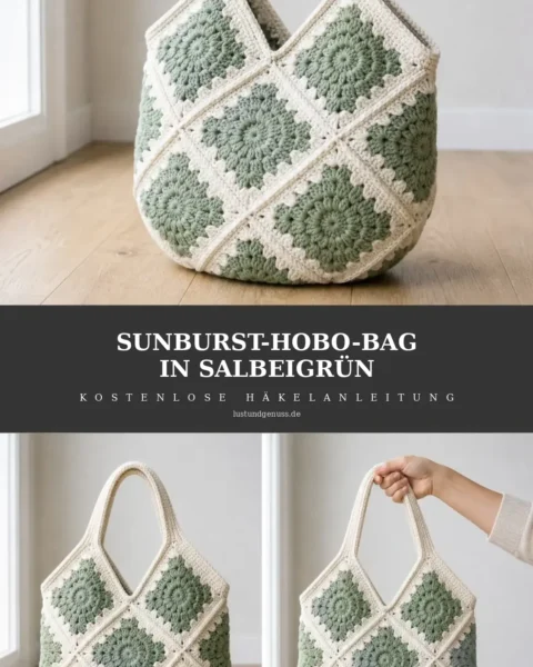 Hobo-Bag aus Sunburst-Grannys in Salbeigrün häkeln