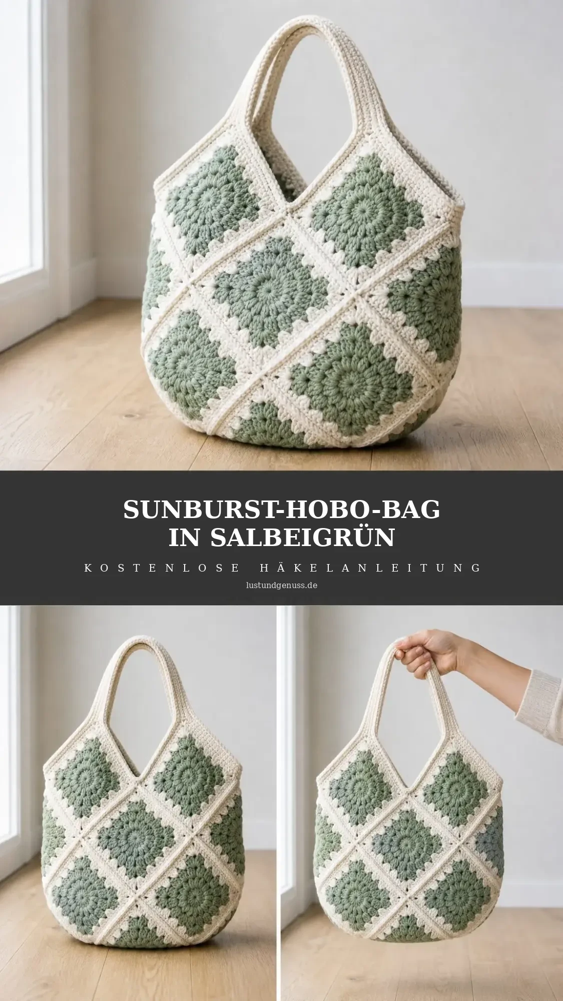 Hobo-Bag aus Sunburst-Grannys in Salbeigrün häkeln