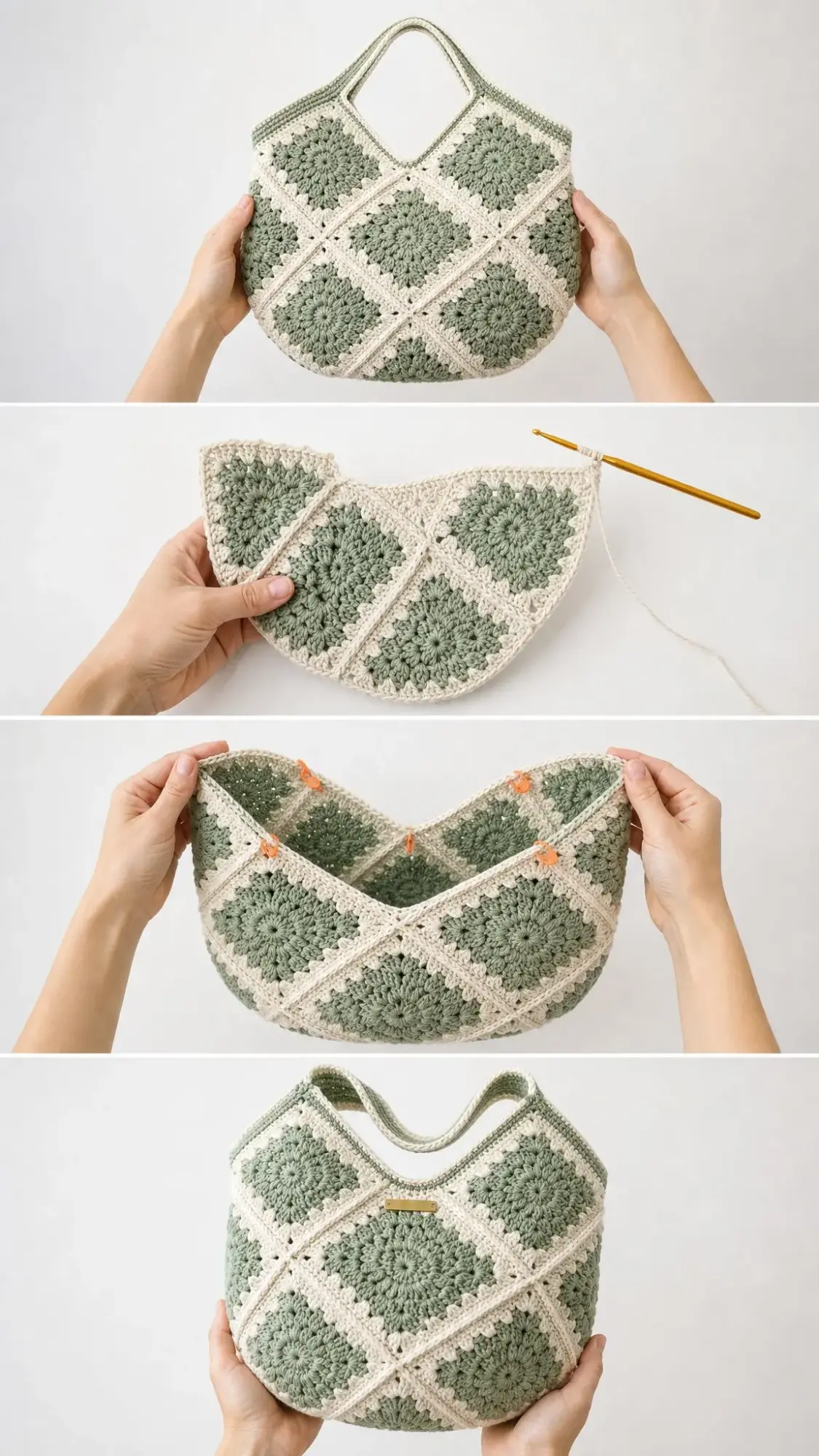 Hobo-Bag aus Sunburst-Grannys in Salbeigrün häkeln