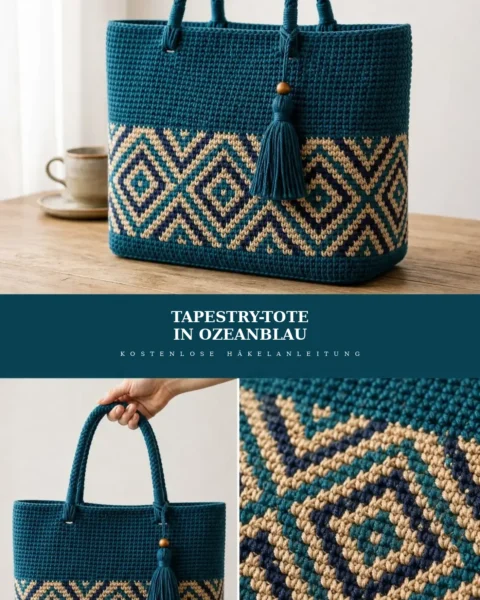 Tote mit Tapestry-Rauten in Ozeanblau häkeln