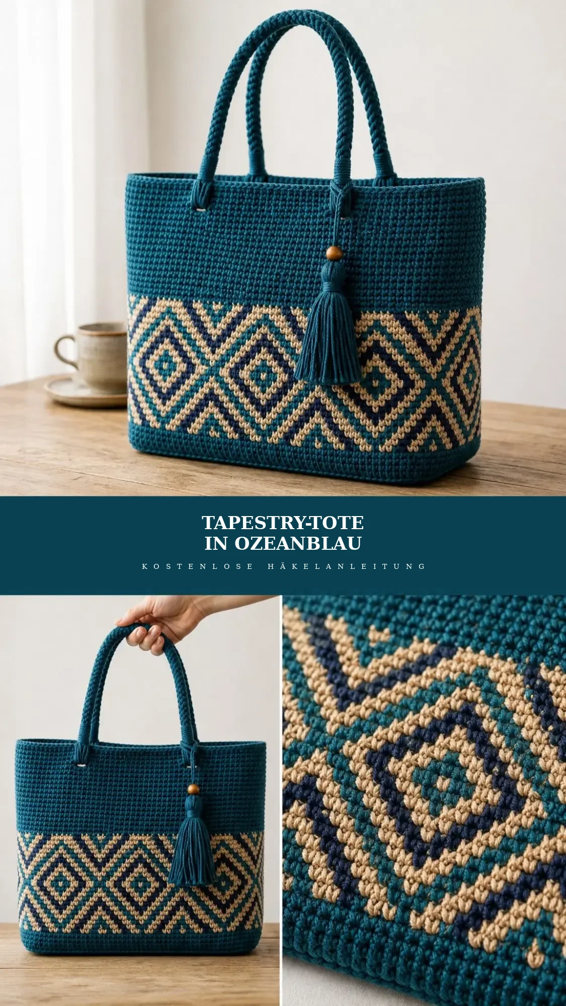 Tote mit Tapestry-Rauten in Ozeanblau häkeln