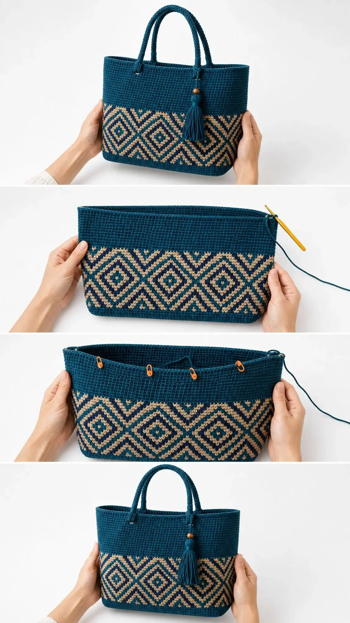 Tote mit Tapestry-Rauten in Ozeanblau häkeln