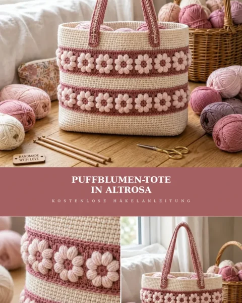 Shopper mit Puffblumen in Altrosa häkeln