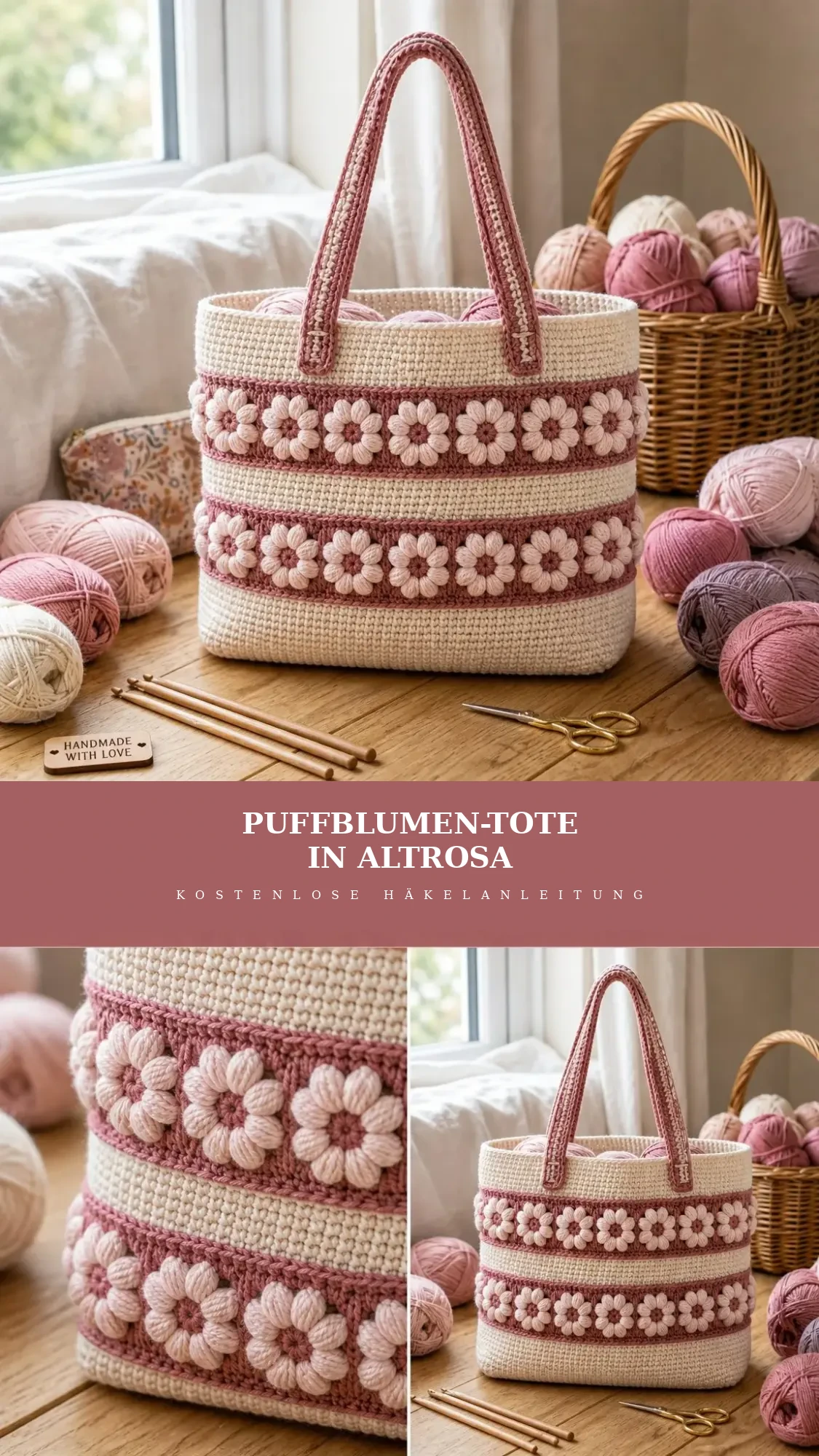 Tote mit Puffblumen in Altrosa häkeln