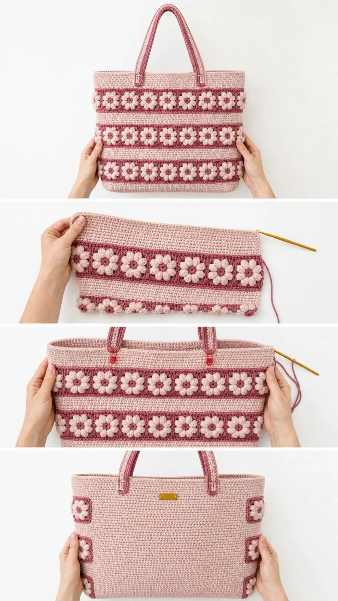 Tote mit Puffblumen in Altrosa häkeln