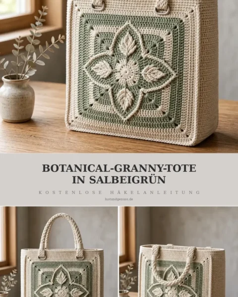 Shopper mit botanischen Granny-Squares in Salbeigrün häkeln