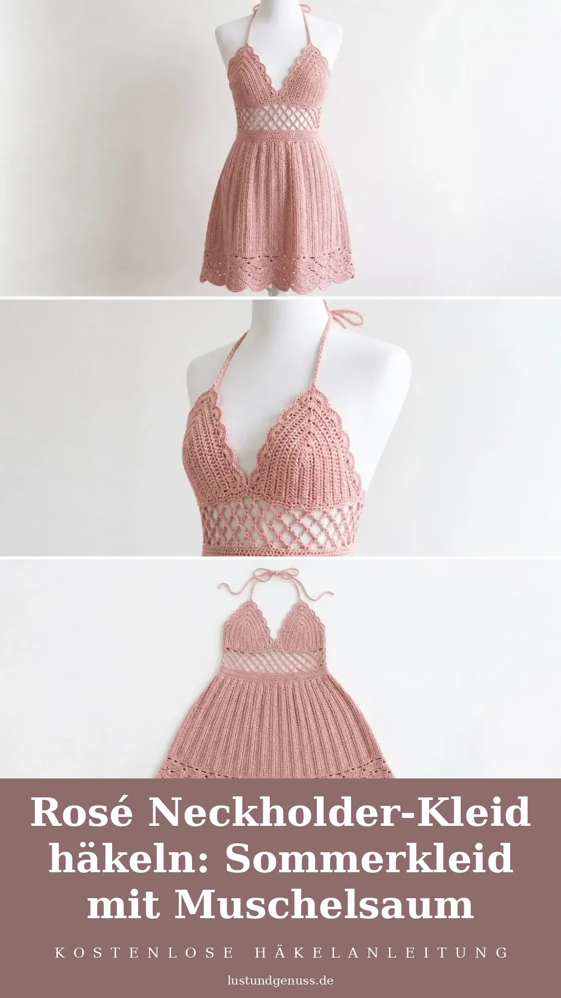 Rosé Neckholder-Kleid häkeln: Sommerkleid mit Muschelsaum