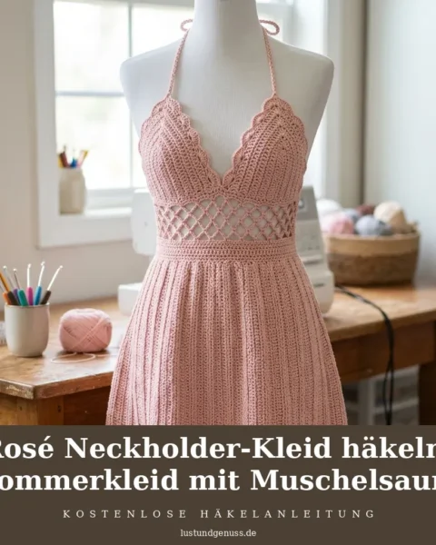 Rosé Neckholder-Kleid häkeln: Sommerkleid mit Muschelsaum