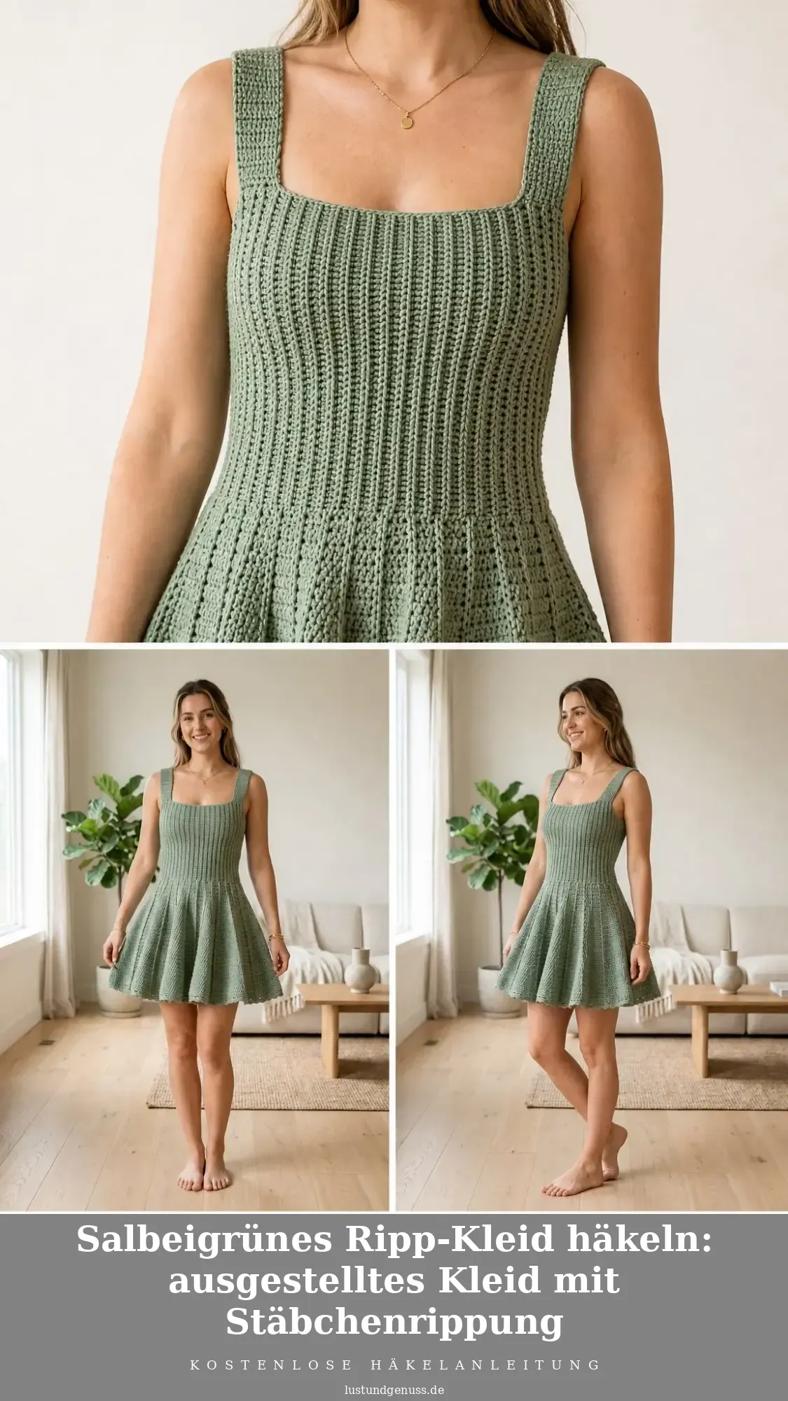 Salbeigrünes Ripp-Kleid häkeln: ausgestelltes Kleid mit Stäbchenrippung