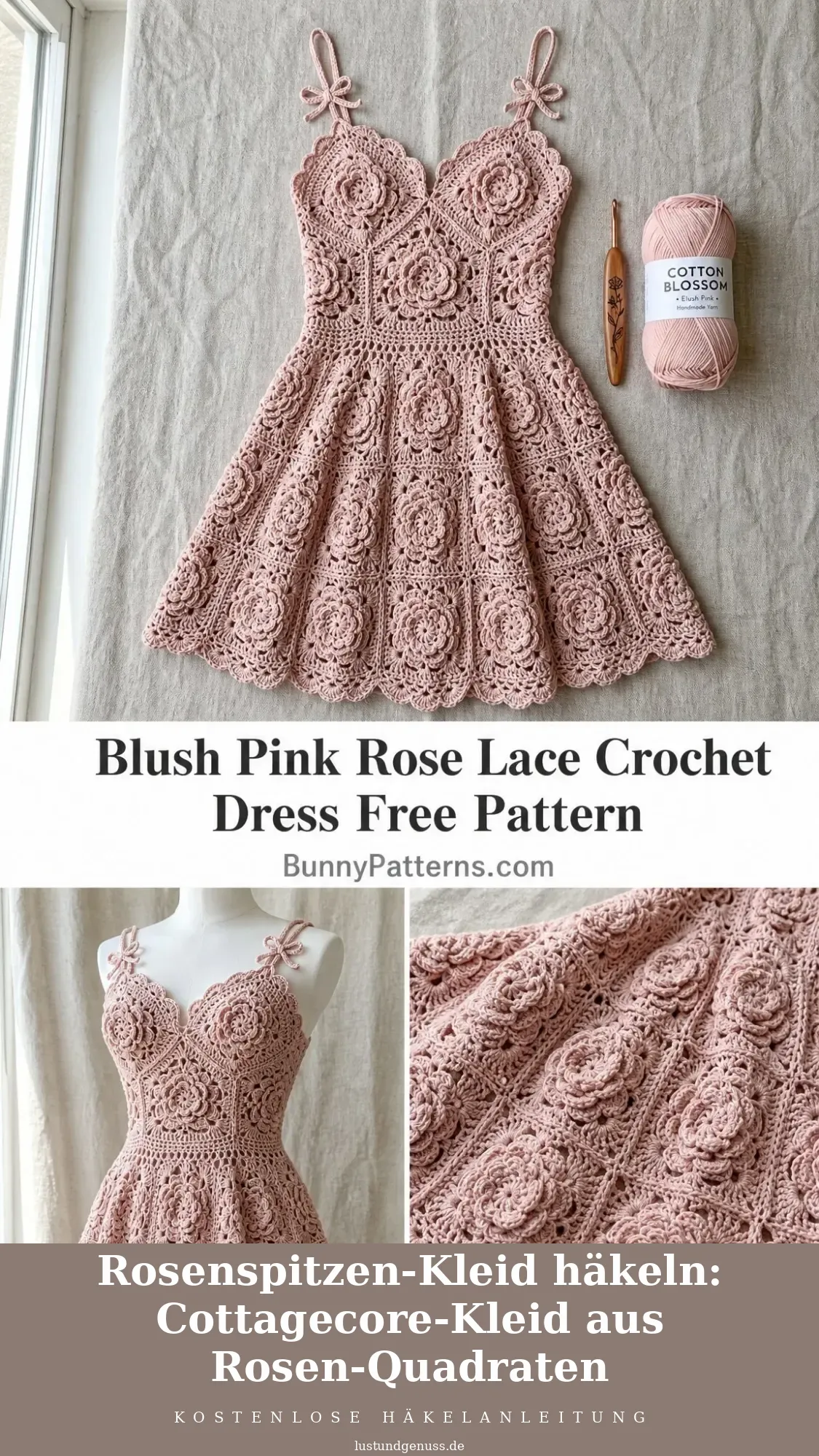 Rosenspitzen-Kleid häkeln: Cottagecore-Kleid aus Rosen-Quadraten