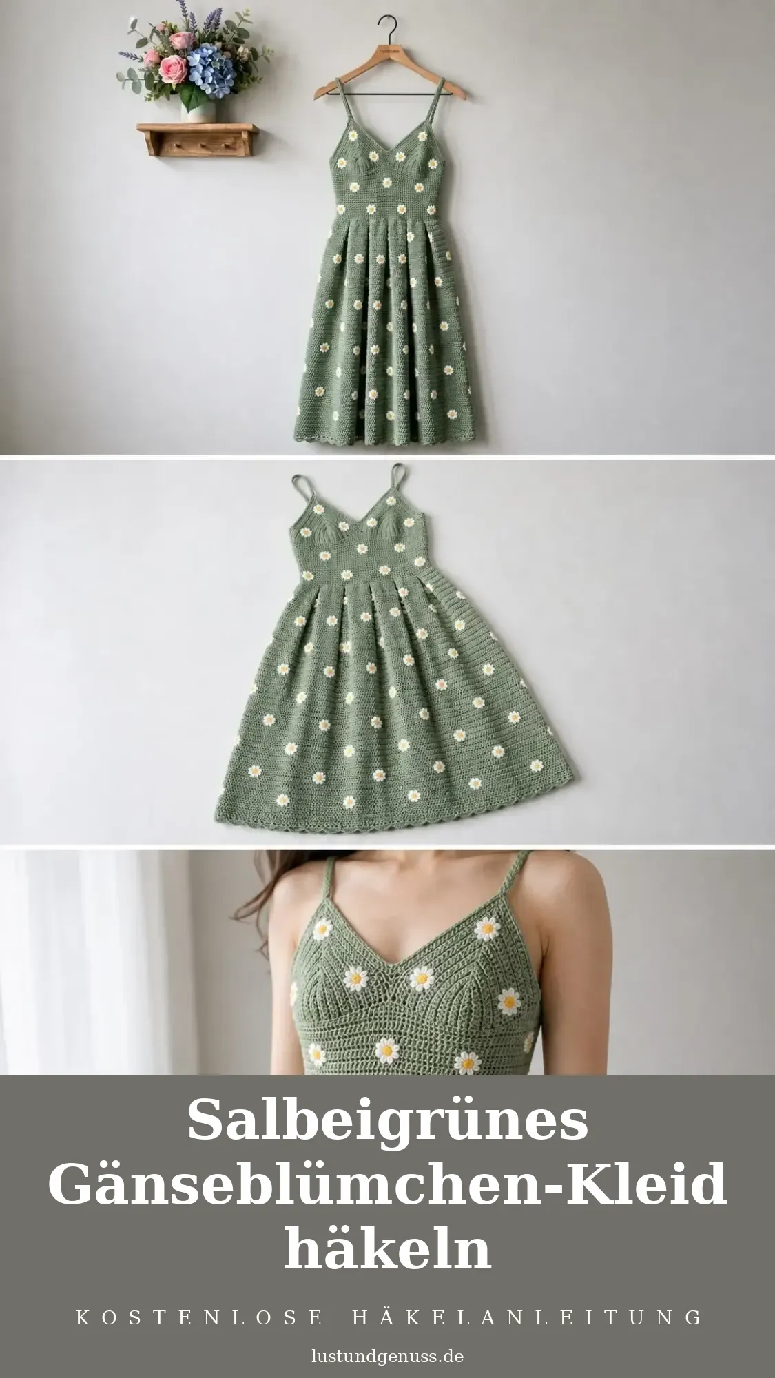 Salbeigrünes Gänseblümchen-Kleid häkeln