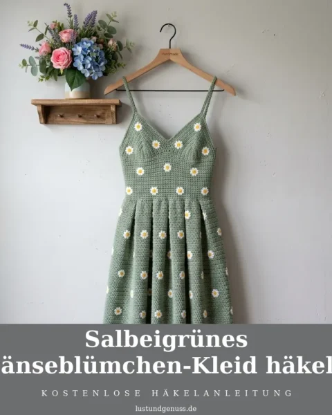 Salbeigrünes Gänseblümchen-Kleid häkeln