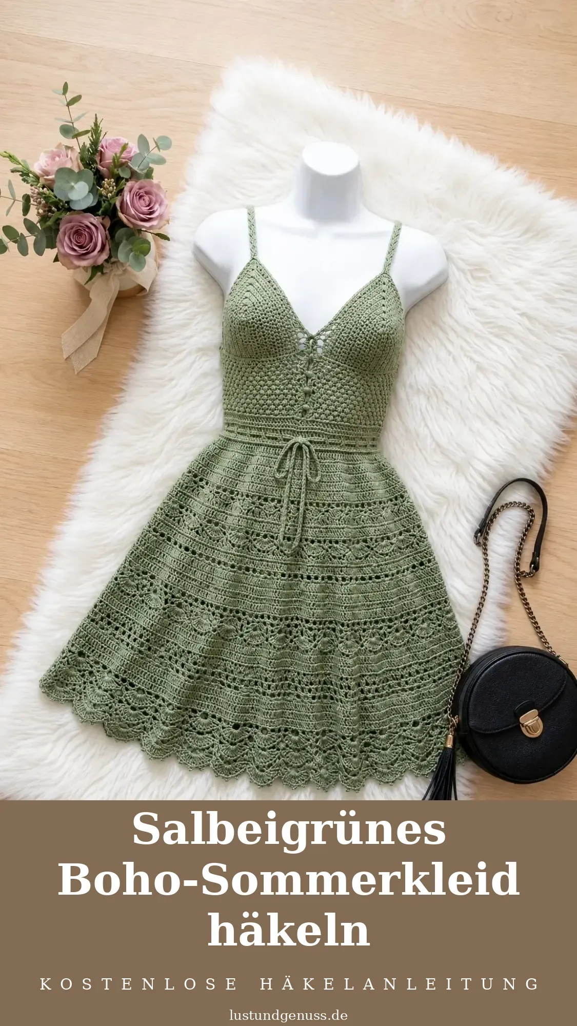 Salbeigrünes Boho-Sommerkleid häkeln