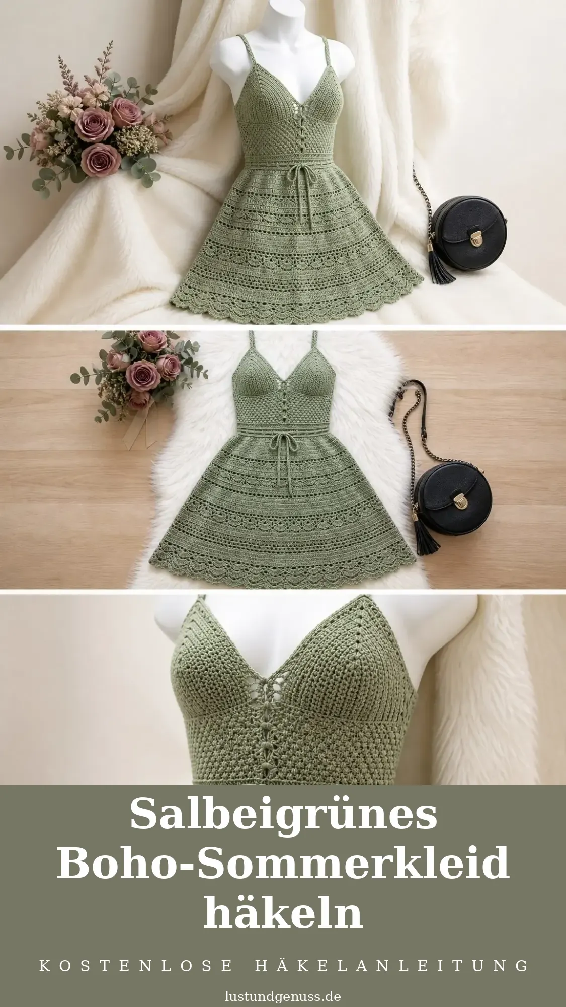 Salbeigrünes Boho-Sommerkleid häkeln