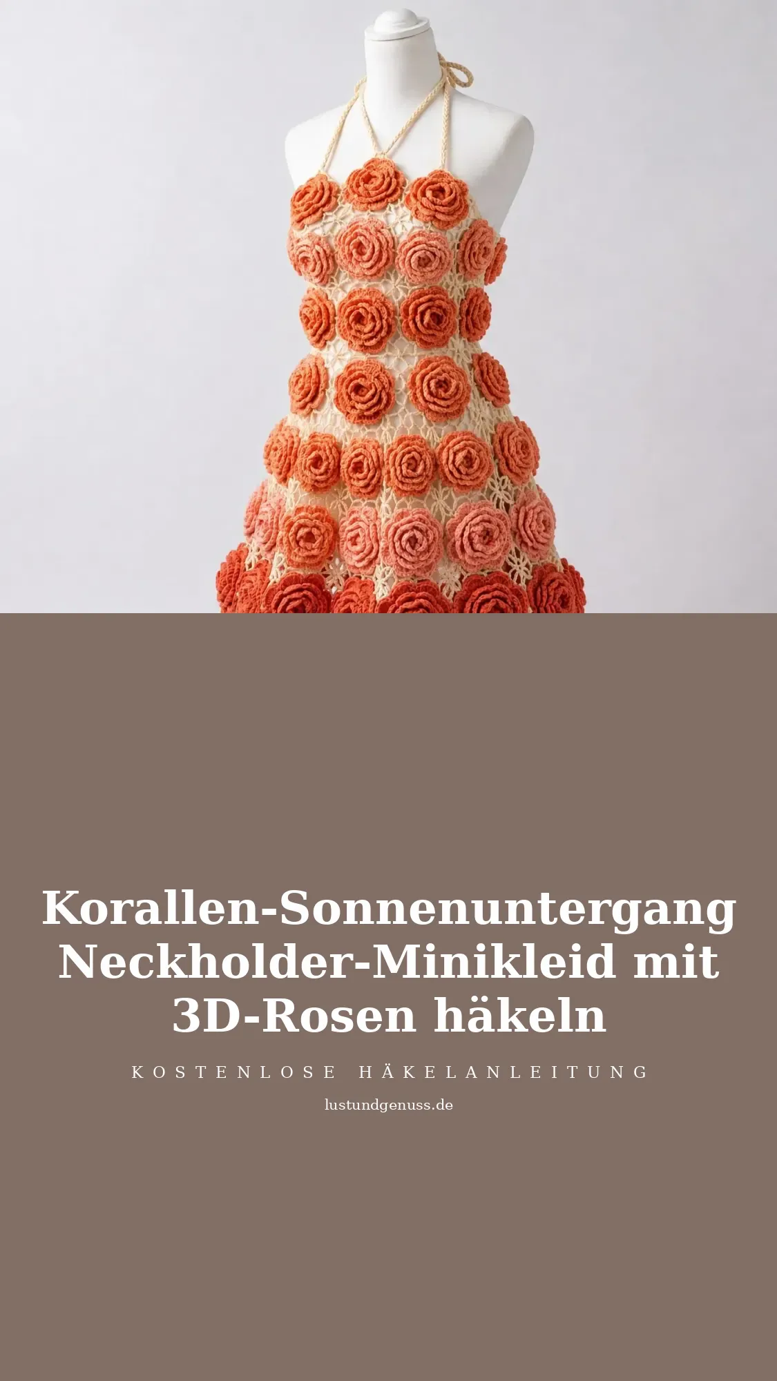 Korallen-Sonnenuntergang Neckholder-Minikleid mit 3D-Rosen häkeln