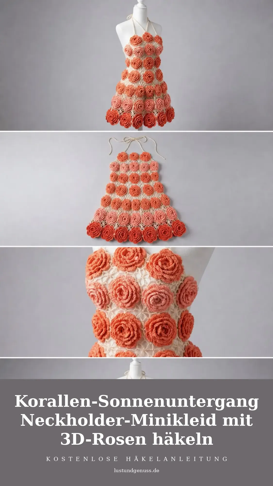 Korallen-Sonnenuntergang Neckholder-Minikleid mit 3D-Rosen häkeln