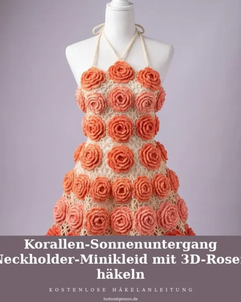 Korallen-Sonnenuntergang Neckholder-Minikleid mit 3D-Rosen häkeln