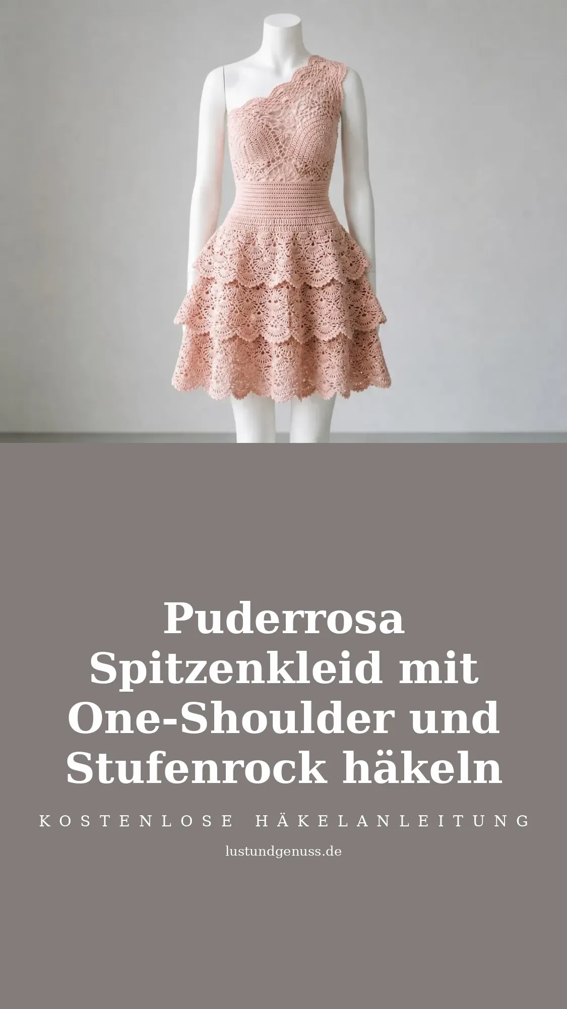 Puderrosa Spitzenkleid mit One-Shoulder und Stufenrock häkeln