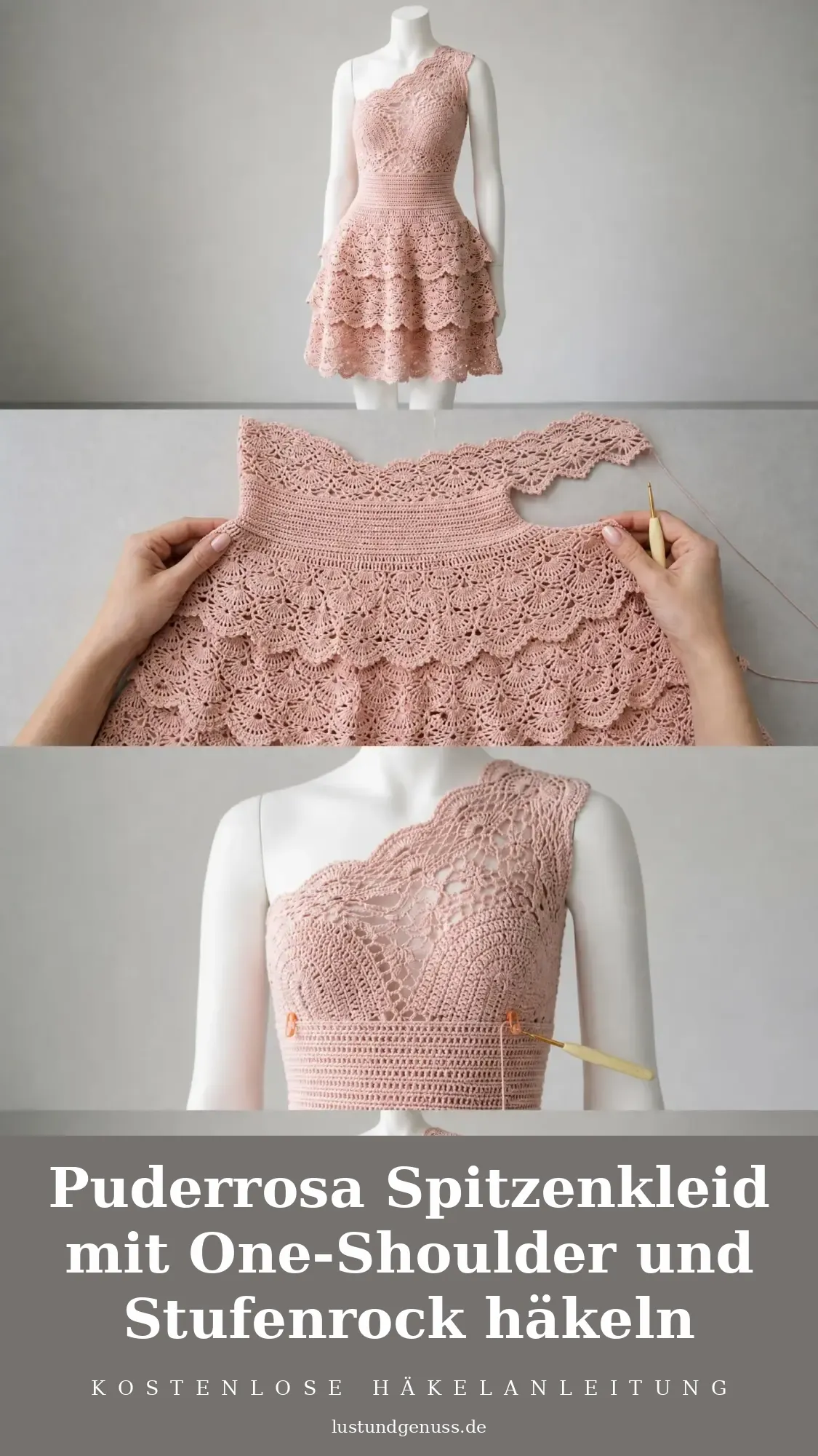Puderrosa Spitzenkleid mit One-Shoulder und Stufenrock häkeln