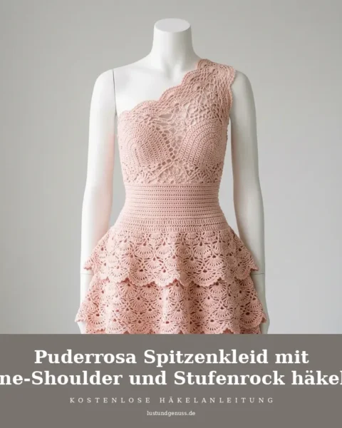 Puderrosa Spitzenkleid mit One-Shoulder und Stufenrock häkeln