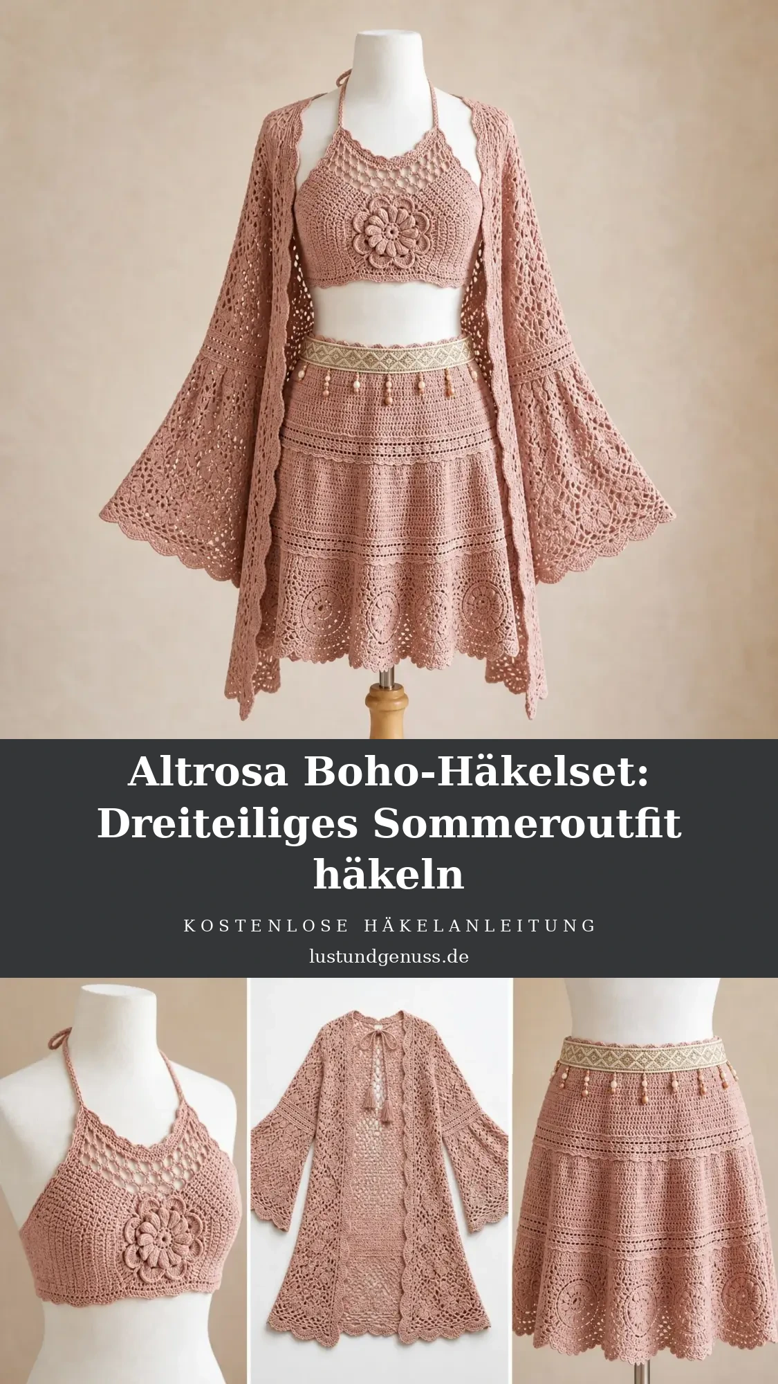 Altrosa Boho-Häkelset: Dreiteiliges Sommeroutfit häkeln