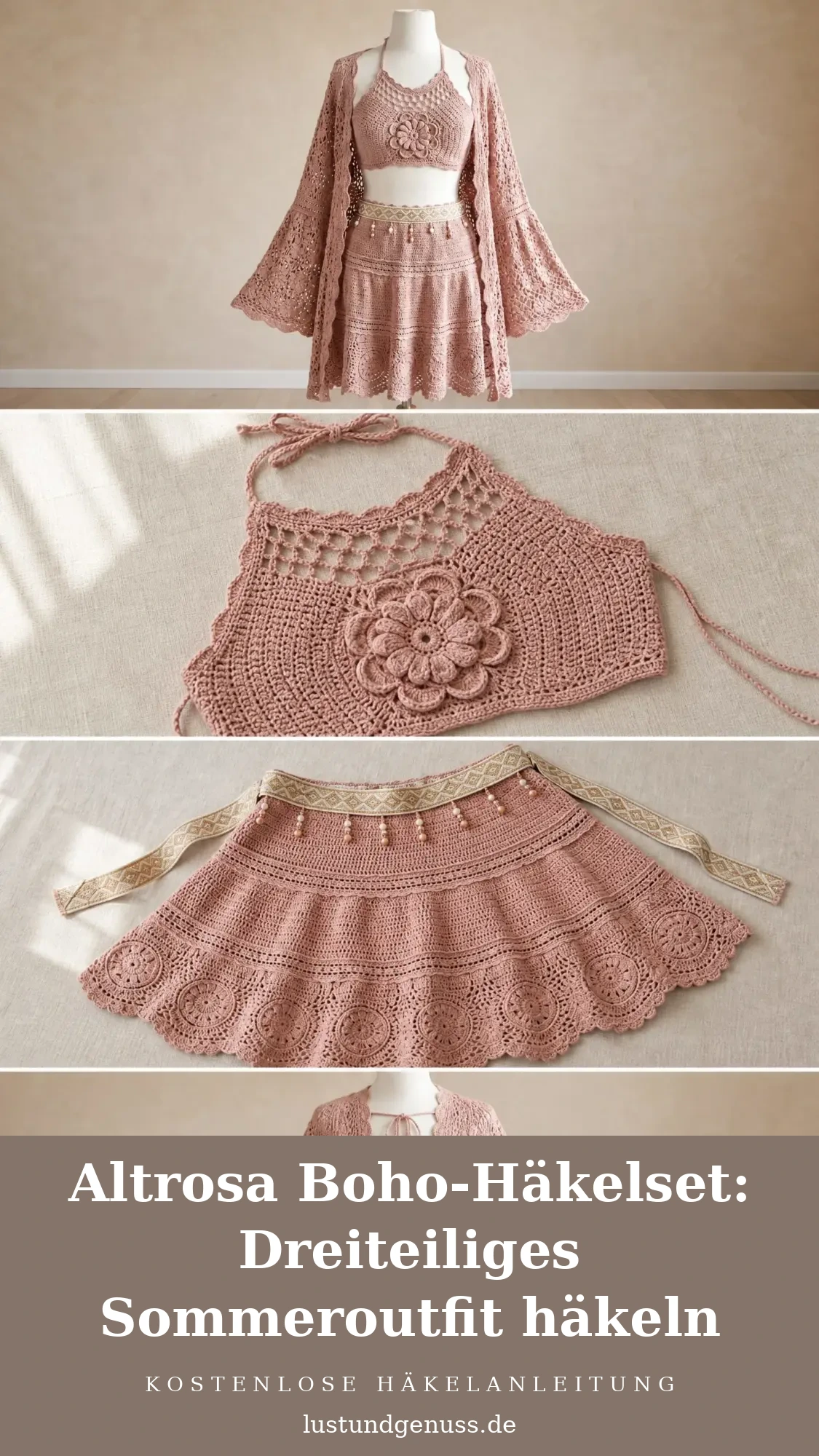 Altrosa Boho-Häkelset: Dreiteiliges Sommeroutfit häkeln