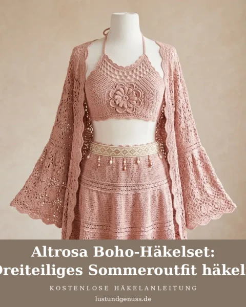 Altrosa Boho-Häkelset: Dreiteiliges Sommeroutfit häkeln