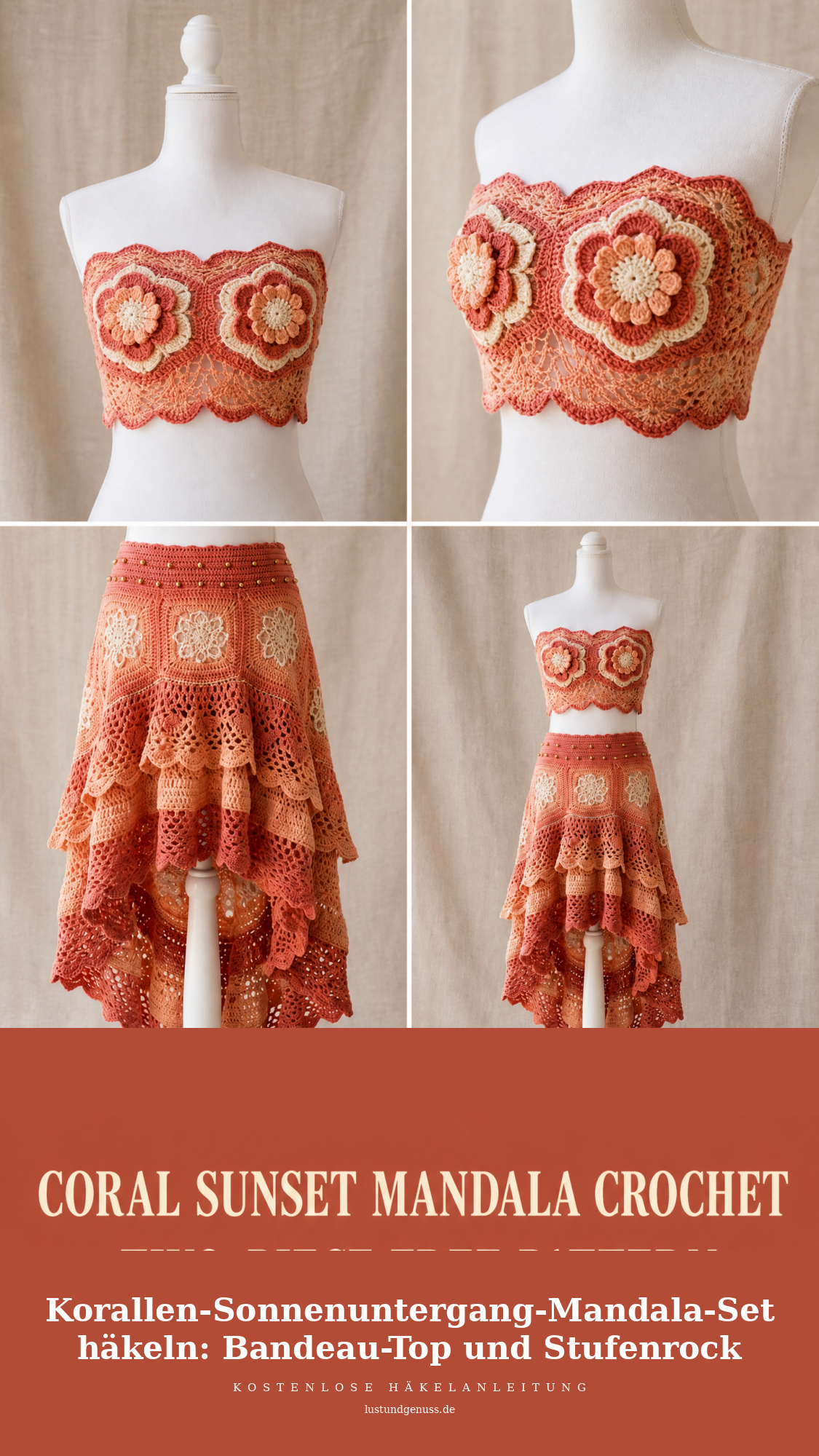 Korallen-Sonnenuntergang-Mandala-Set häkeln: Bandeau-Top und Stufenrock