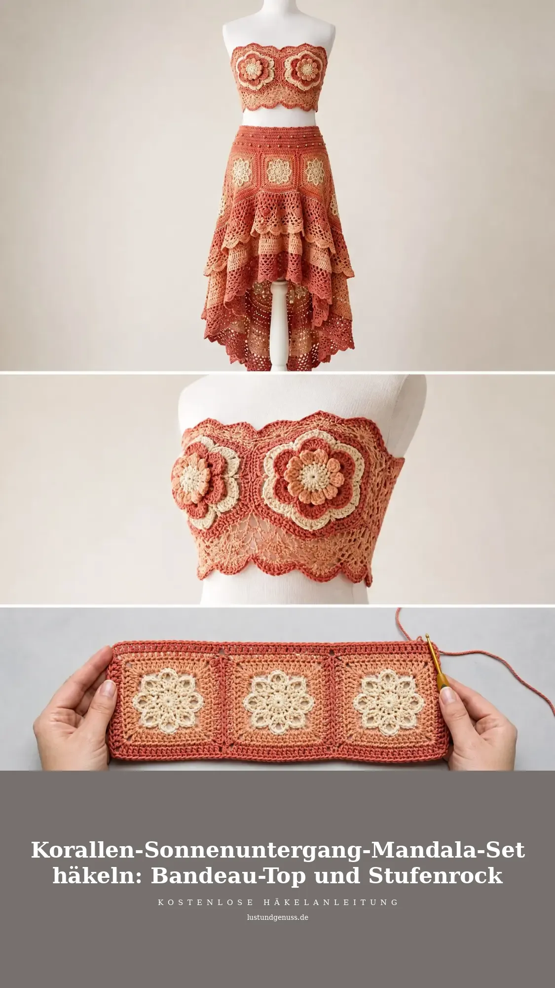 Korallen-Sonnenuntergang-Mandala-Set häkeln: Bandeau-Top und Stufenrock